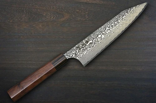 Couteau de chef japonais Kengata-Gyuto Yoshimi Kato R2 Damas noir 210mm avec manche en ébène [Férule en rose]