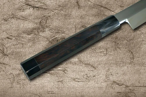 Sakai Takayuki ZANGETSU Honyaki Ginsan Japanese Chef's Whole-Mirrored Kengata-Yanagiba(Sashimi) 330mm with Double Water Buffalo Ring Wenge Handle 