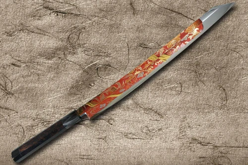 Sakai Takayuki ZANGETSU Honyaki Ginsan Japanese Chef's Whole-Mirrored Kengata-Yanagiba(Sashimi) 330mm with Double Water Buffalo Ring Wenge Handle 