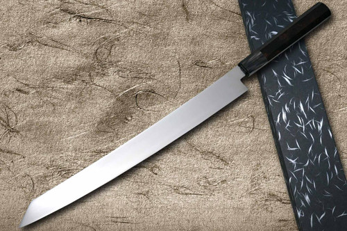 Sakai Takayuki ZANGETSU Honyaki Ginsan Japanese Chef's Whole-Mirrored Kengata-Yanagiba(Sashimi) 330mm with Double Water Buffalo Ring Wenge Handle 