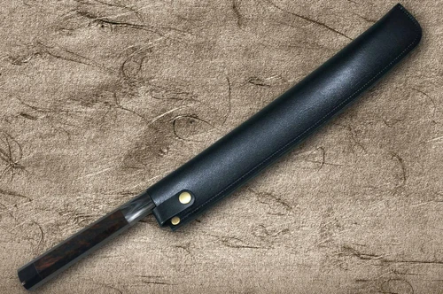 Sakai Takayuki ZANGETSU Honyaki Ginsan Japanese Chef's Whole-Mirrored Kengata-Yanagiba(Sashimi) 390mm with Double Water Buffalo Ring Wenge Handle 