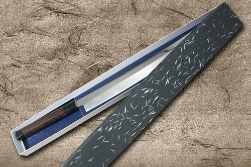 Sakai Takayuki ZANGETSU Honyaki Ginsan Japanese Chef's Whole-Mirrored Kengata-Yanagiba(Sashimi) 390mm with Double Water Buffalo Ring Wenge Handle 