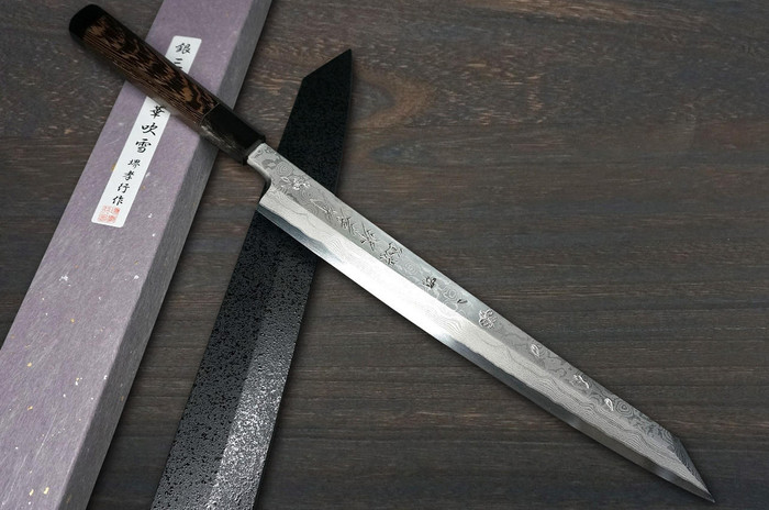 Sakai Takayuki HANAFUBUKI Ginsan Damascus Japanese Sakura Engraved