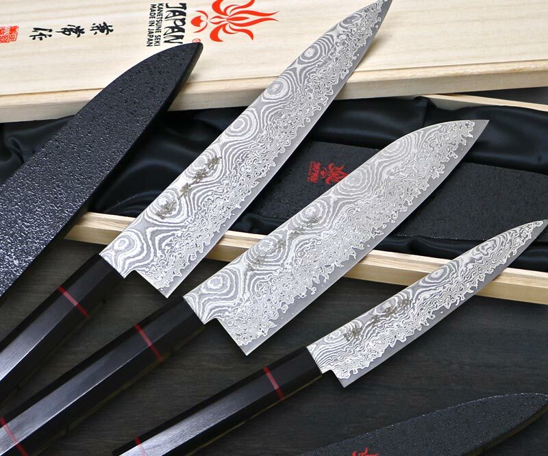 Kei Kobayashi R2 Special Finished CS Japanese Chef's Knife SET  (Gyuto210-Slicer-Bunka-Vegetable-Petty) with Red Lacquered Wood Handle