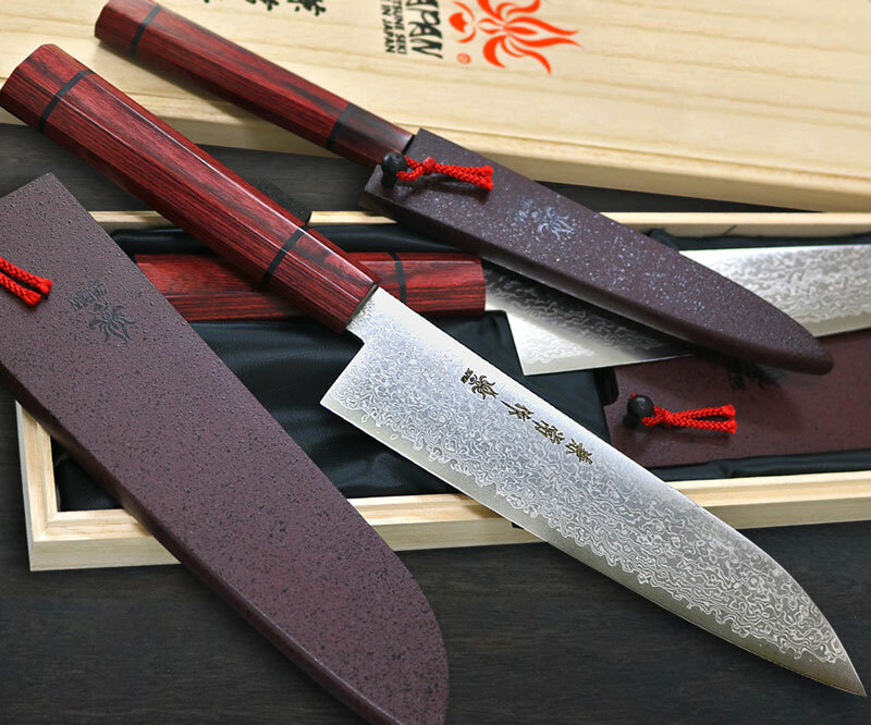 Kei Kobayashi R2 Special Finished CS Japanese Chef's Knife SET  (Gyuto210-Gyuto240-Slicer-Bunka-Santoku-Vegetable-Petty) with Red Lacquered  Wood Handle