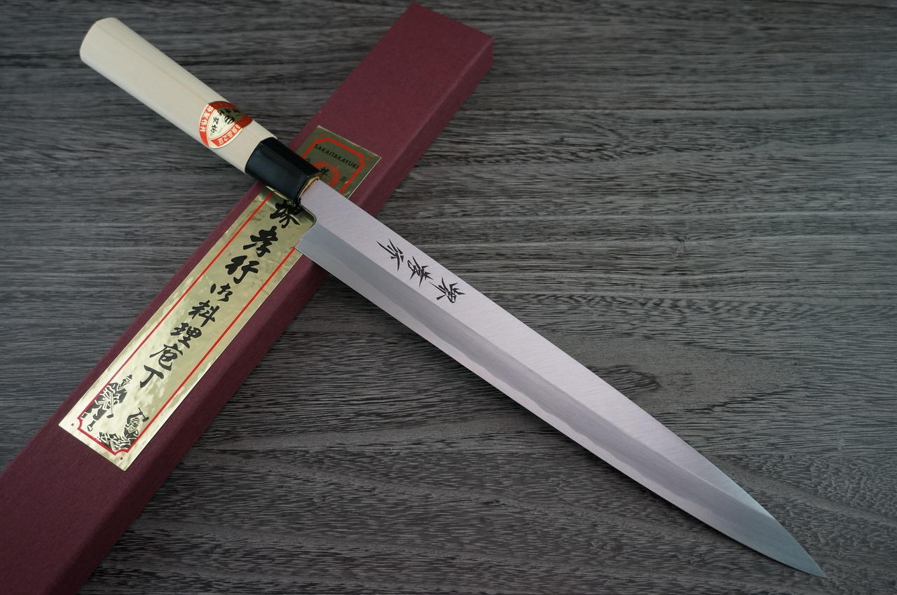 柳刃　白鋼　霞研240㎜ 包丁 堺一文字光秀 白鋼 霞研 柳刃包丁240mm【名入れ即日可能