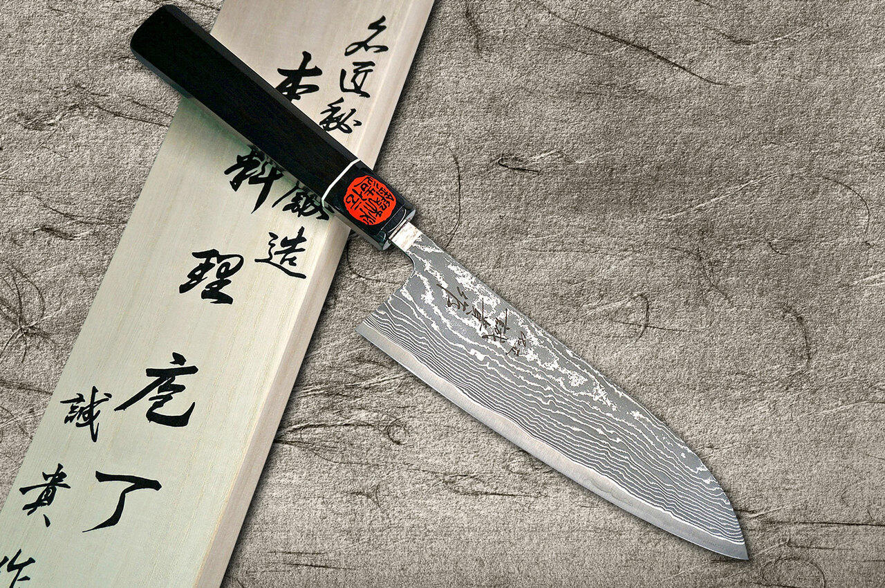 Shigeki Tanaka 33-Layer R2(SG2) Damascus Habakiri Japanese Chef's Santoku  Knife 165mm with Ebony Handle