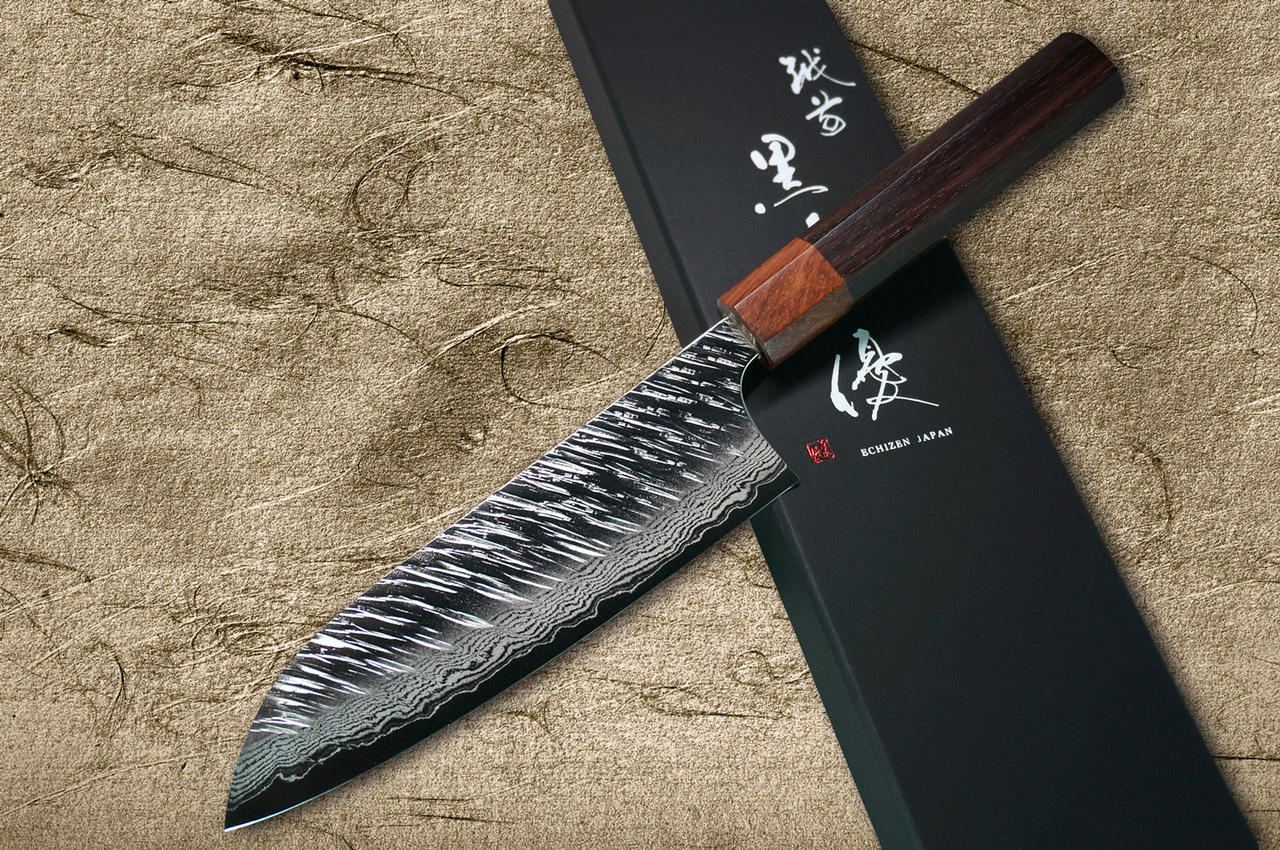Yu Kurosaki VG10 Damascus FUJIN WA RS8H Japanese Chefs Santoku Knife 170mm with Brown-Ring Octagonal Handle
