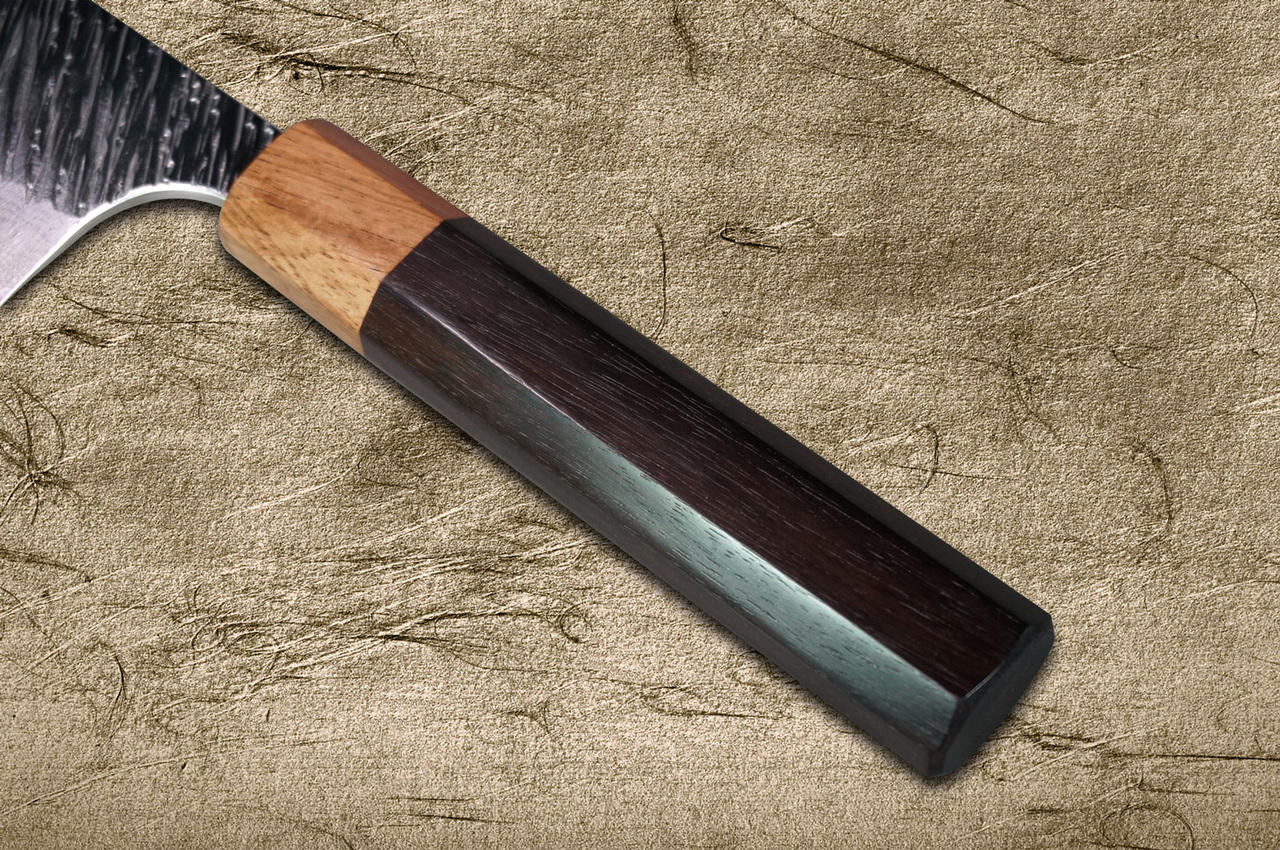 Yu Kurosaki VG10 Damascus FUJIN WA RS8H Japanese Chefs Santoku Knife 170mm with Brown-Ring Octagonal Handle