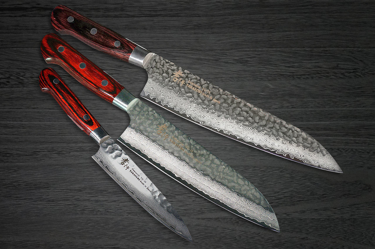 Sakai Takayuki 33-Layer VG10 Damascus Hammered Japanese Chef's Knife SET  (Gyuto 210mm - Santoku 180mm -Petty 120mm)