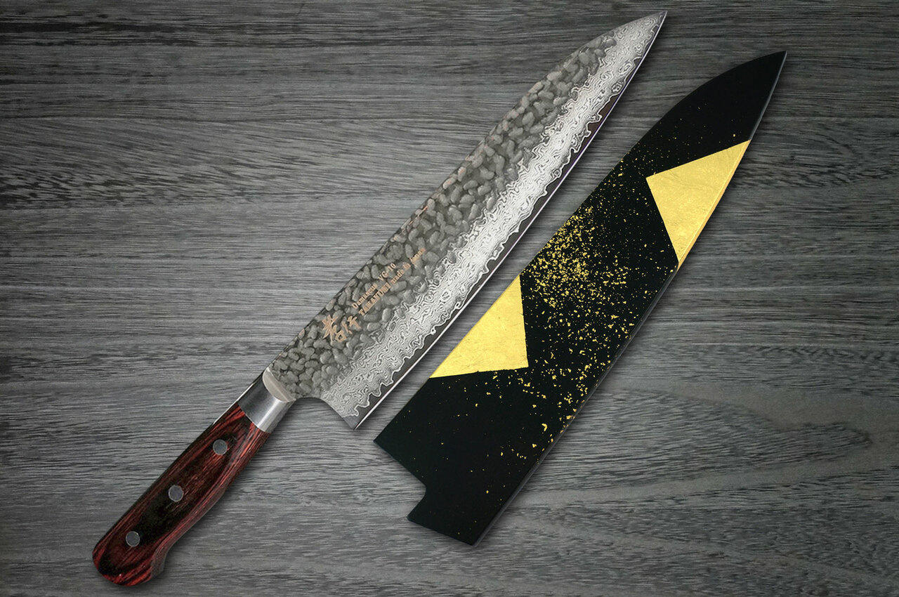Sakai Takayuki 33-Layer VG10 Damascus Hammered Japanese Chef's Gyuto Knife  and Saya SET 210mm (with Genuine 24K Japanese Gold Leaf Saya Sheath)