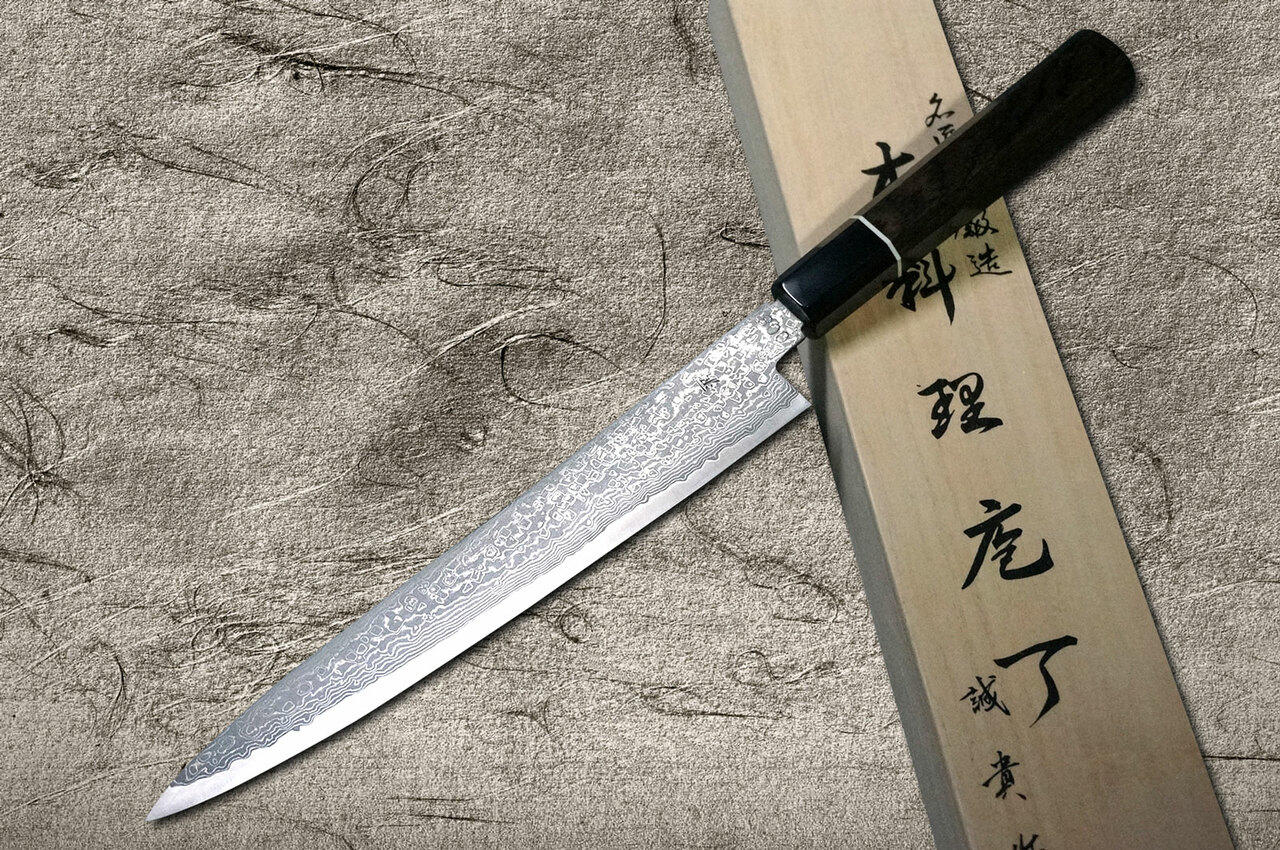 Shigeki Tanaka 33-Layer R2SG2 Damascus Habakiri Japanese Chefs SlicerSujihiki 240mm with Ebony Handle