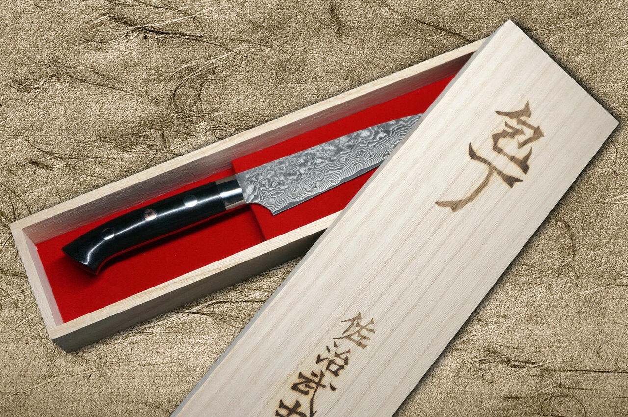 Takeshi Saji R2SG2 Black Damascus MCB Japanese Chefs Petty KnifeUtility 130mm with Black Micarta Handle