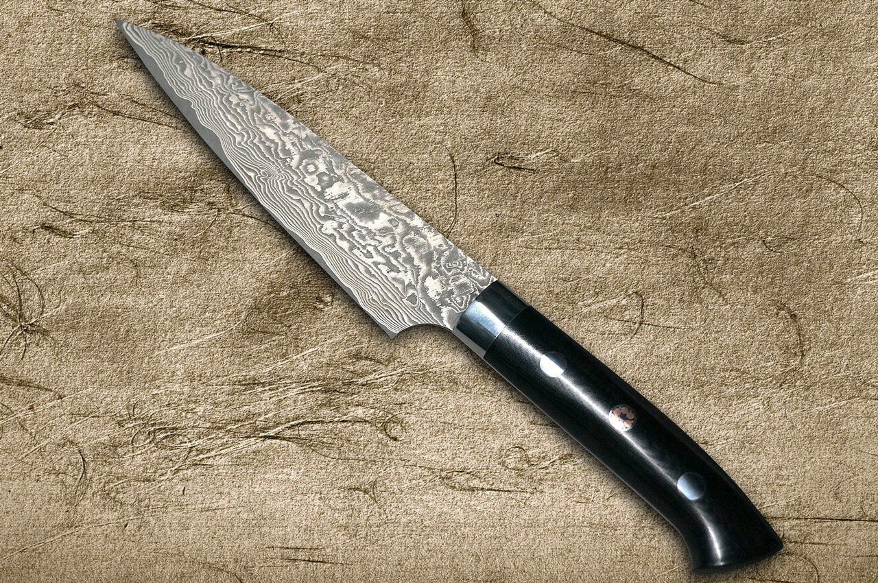 Takeshi Saji R2SG2 Black Damascus MCB Japanese Chefs Petty KnifeUtility 130mm with Black Micarta Handle