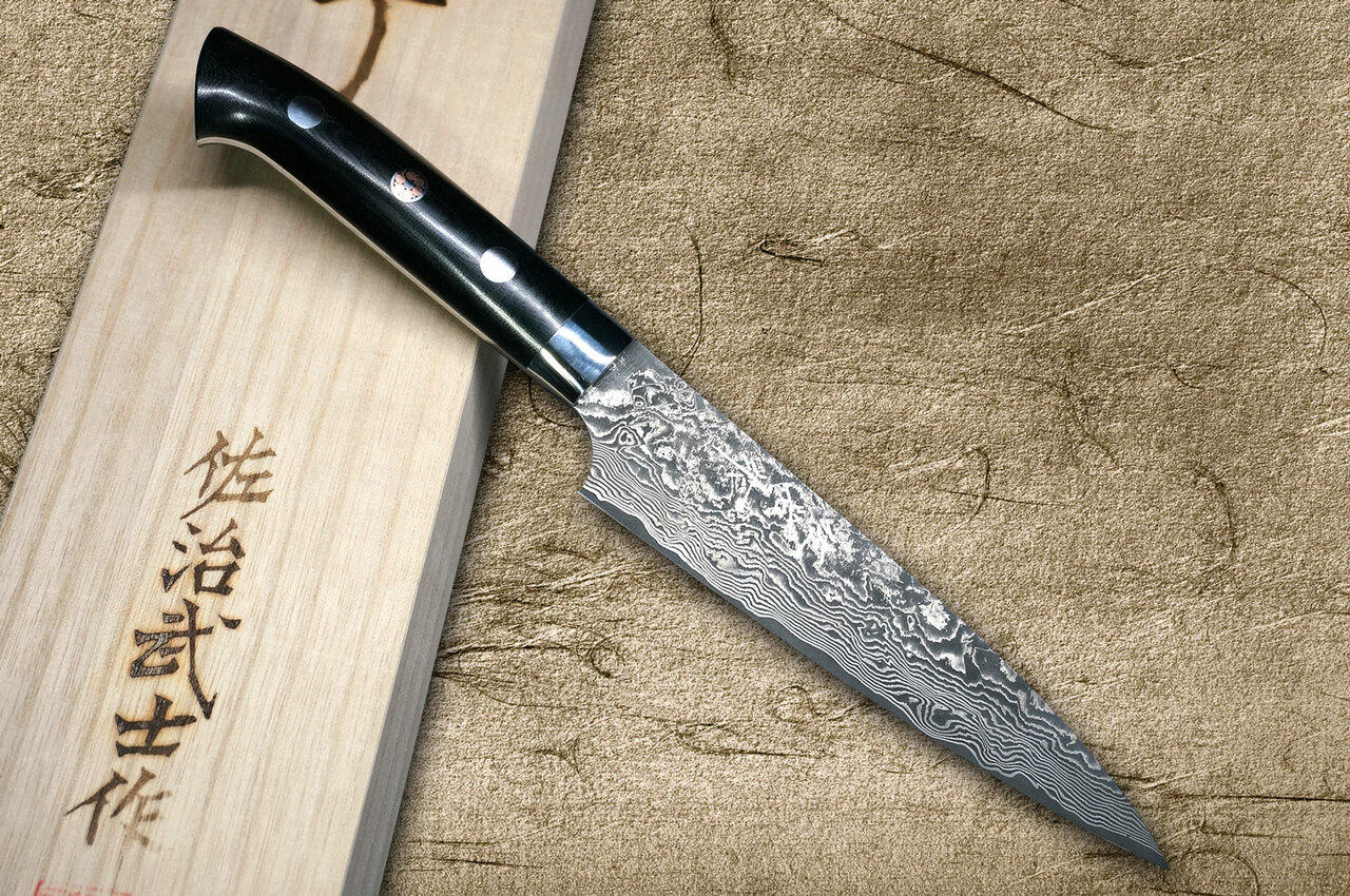 Takeshi Saji R2SG2 Black Damascus MCB Japanese Chefs Petty KnifeUtility 130mm with Black Micarta Handle