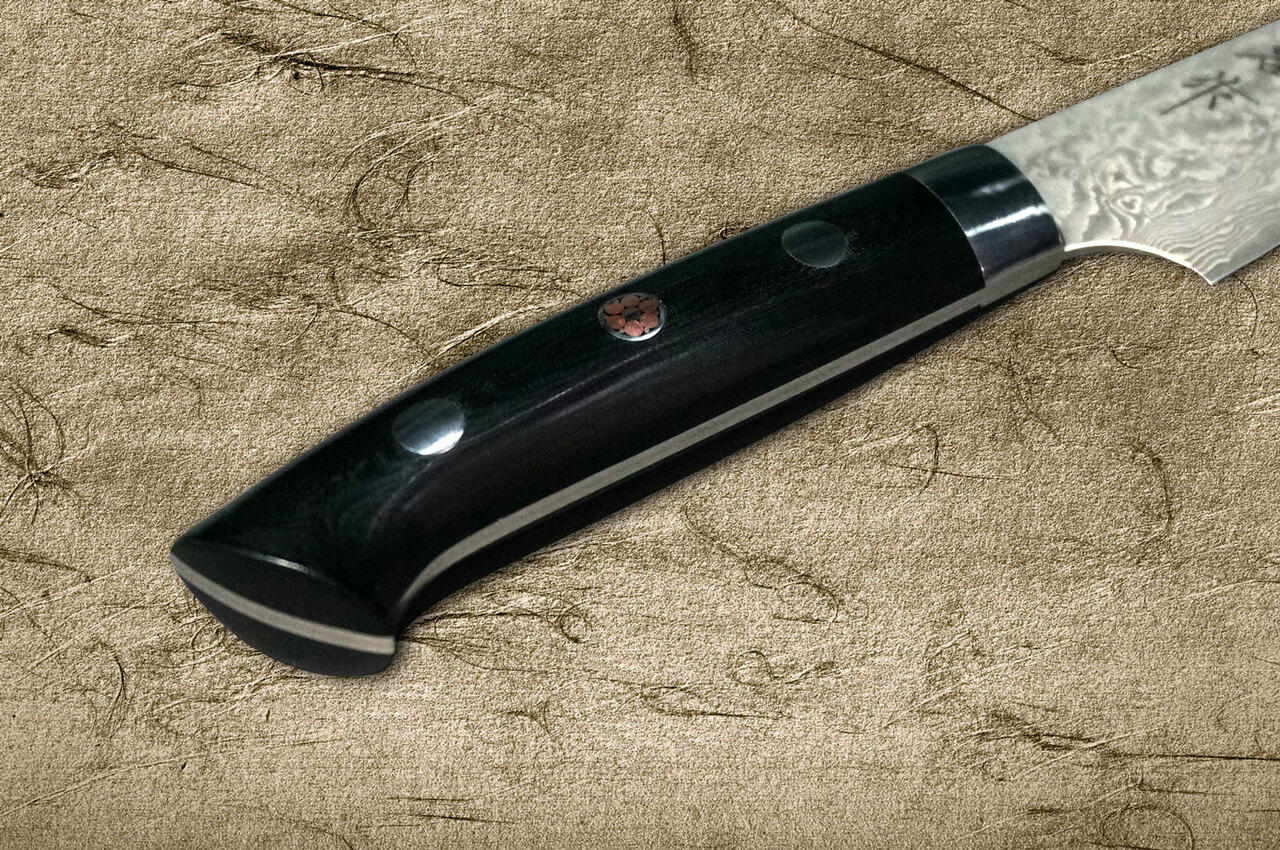 Takeshi Saji R2SG2 Black Damascus MCB Japanese Chefs Petty KnifeUtility 130mm with Black Micarta Handle