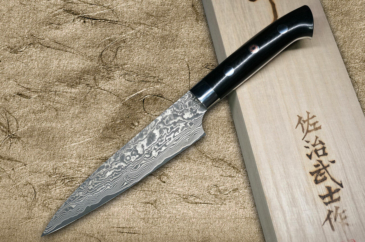 Takeshi Saji R2SG2 Black Damascus MCB Japanese Chefs Petty KnifeUtility 130mm with Black Micarta Handle