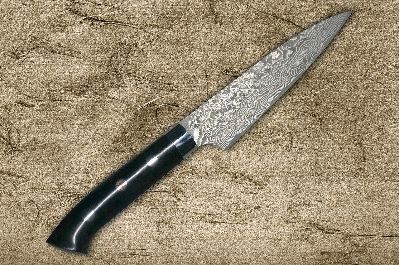 Takeshi Saji R2SG2 Black Damascus MCB Japanese Chefs Petty KnifeUtility 130mm with Black Micarta Handle