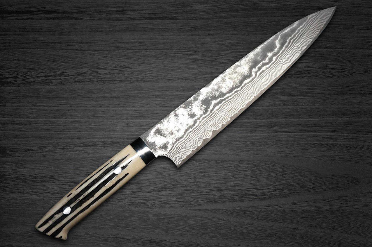Takeshi Saji VG10 Black Damascus DHW Japanese Chefs Gyuto Knife 240mm with White Antler Handle