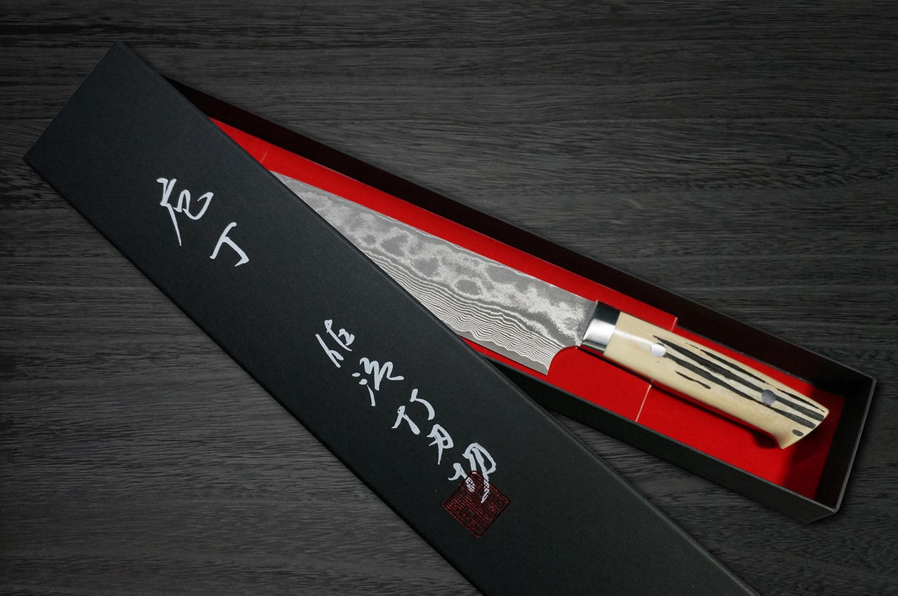 Takeshi Saji VG10 Black Damascus DHW Japanese Chefs Gyuto Knife 240mm with White Antler Handle