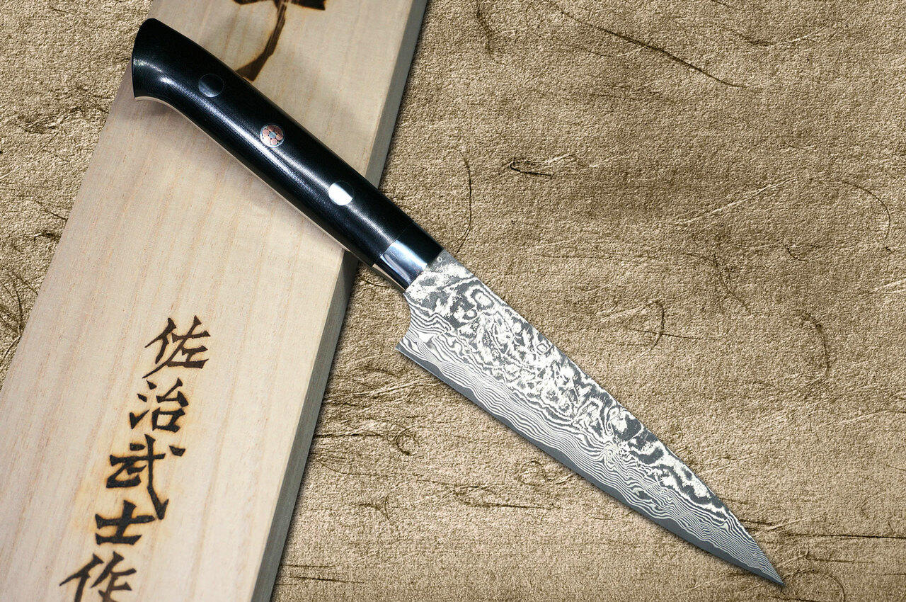 Takeshi Saji R2SG2 Black Damascus MCB Japanese Chefs Petty KnifeUtility 150mm with Black Micarta Handle