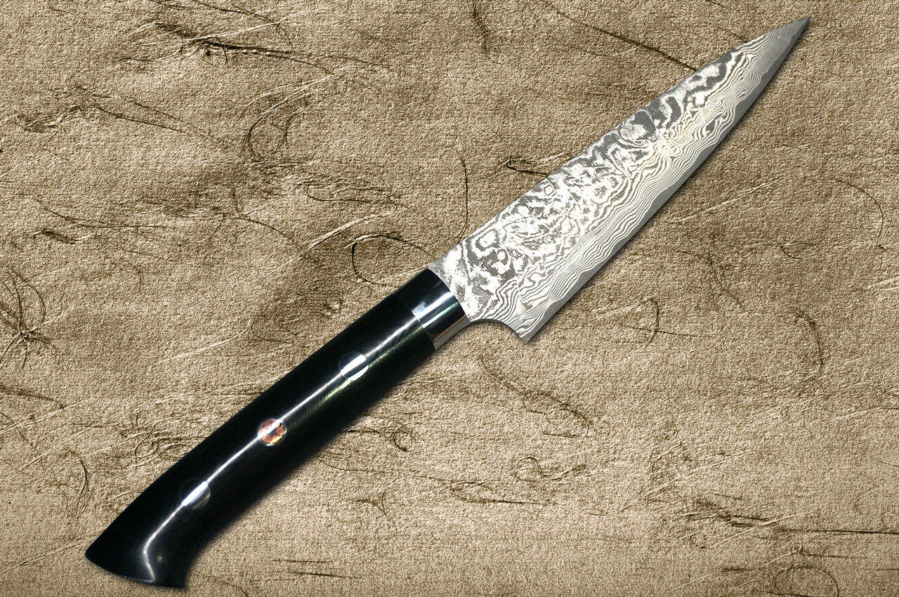 Takeshi Saji R2SG2 Black Damascus MCB Japanese Chefs Petty KnifeUtility 150mm with Black Micarta Handle