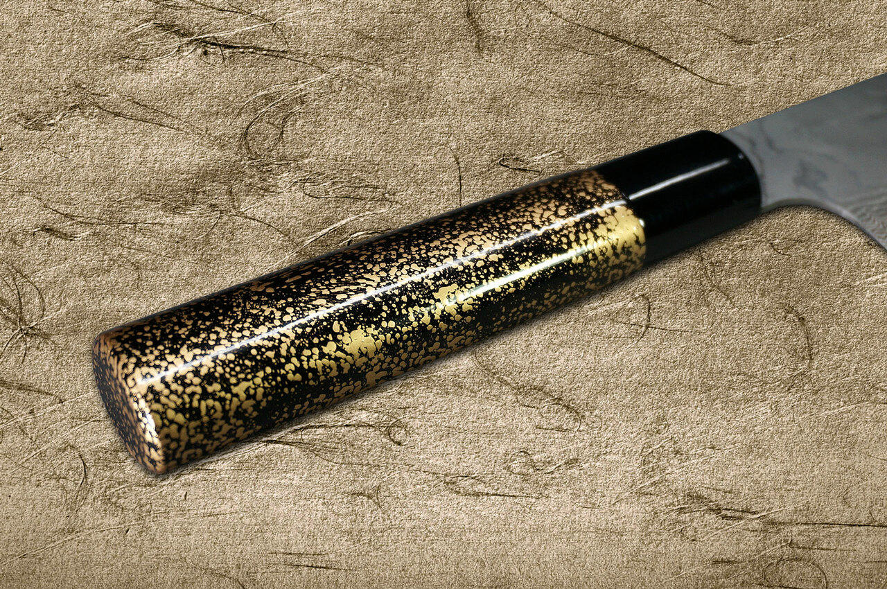 Takeshi Saji VG10 Black Damascus LC Japanese Chefs Gyuto Knife 210mm with Black-Gold Japanese Urushi Lacquered Handle