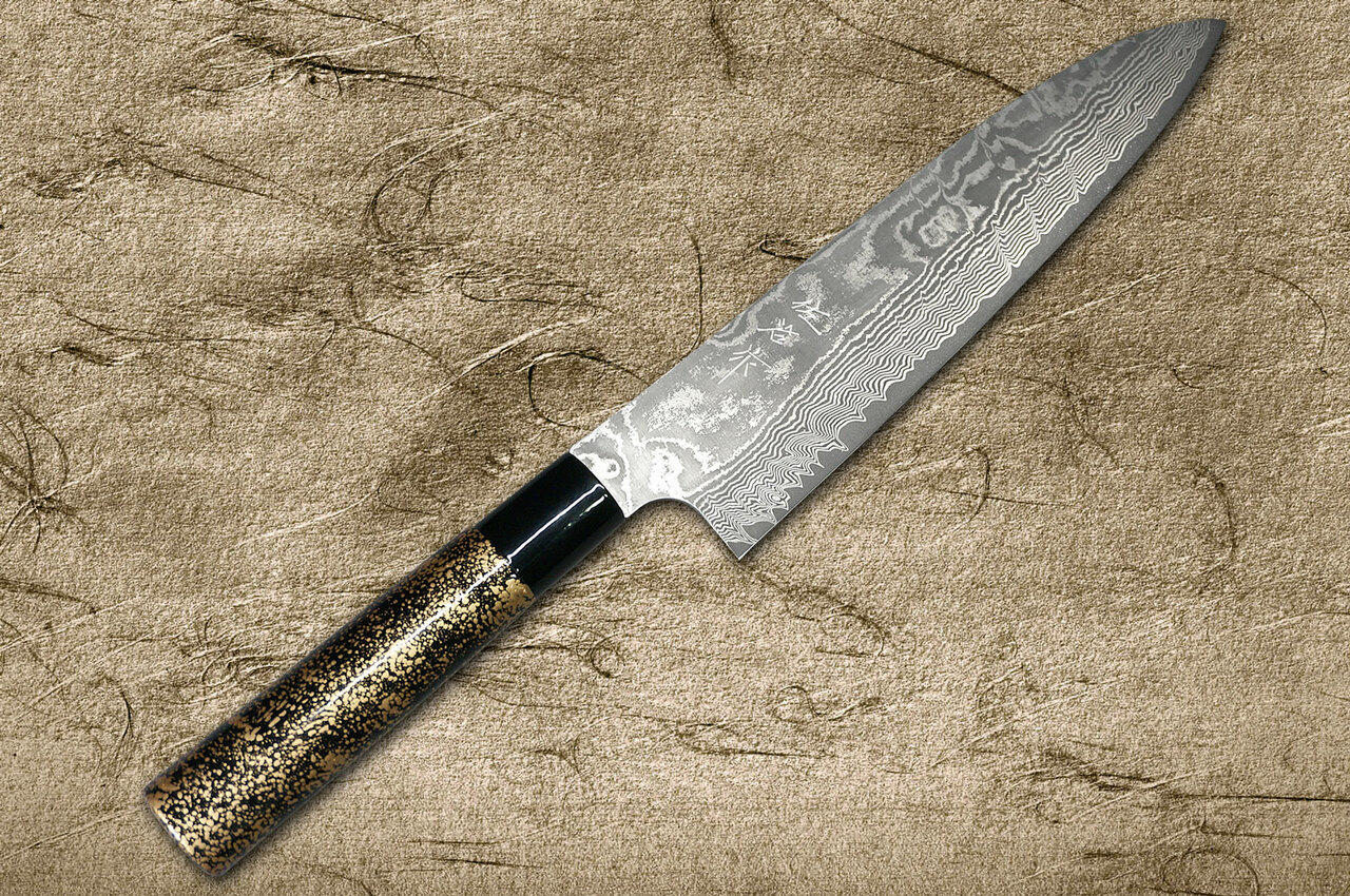 Takeshi Saji VG10 Black Damascus LC Japanese Chefs Gyuto Knife 210mm with Black-Gold Japanese Urushi Lacquered Handle