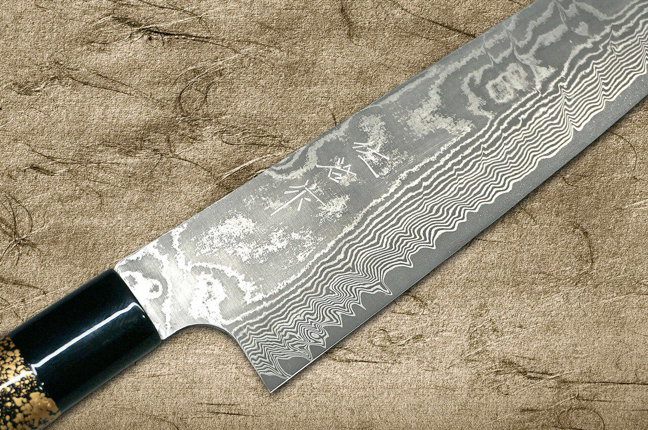 Takeshi Saji VG10 Black Damascus LC Japanese Chefs Gyuto Knife 210mm with Black-Gold Japanese Urushi Lacquered Handle