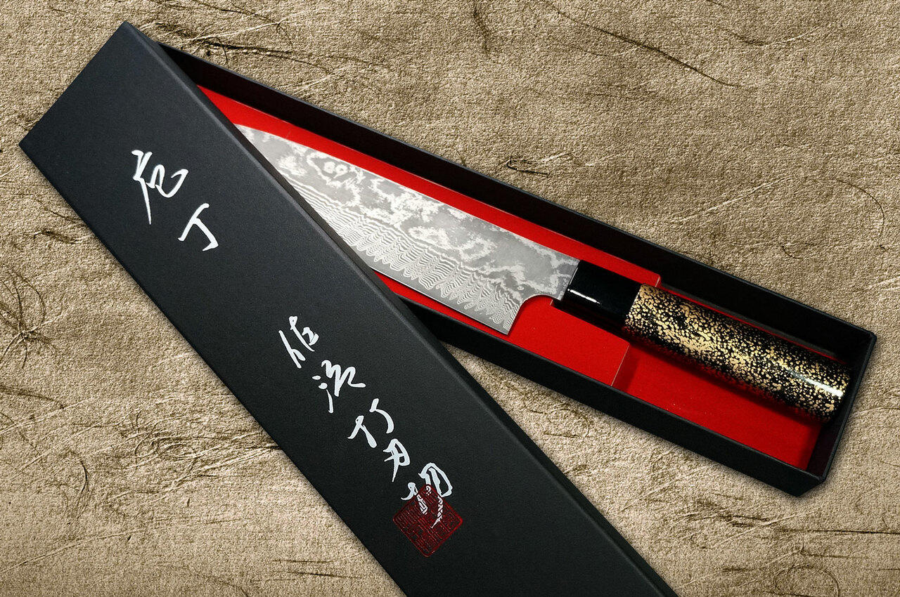 Takeshi Saji VG10 Black Damascus LC Japanese Chefs Gyuto Knife 210mm with Black-Gold Japanese Urushi Lacquered Handle