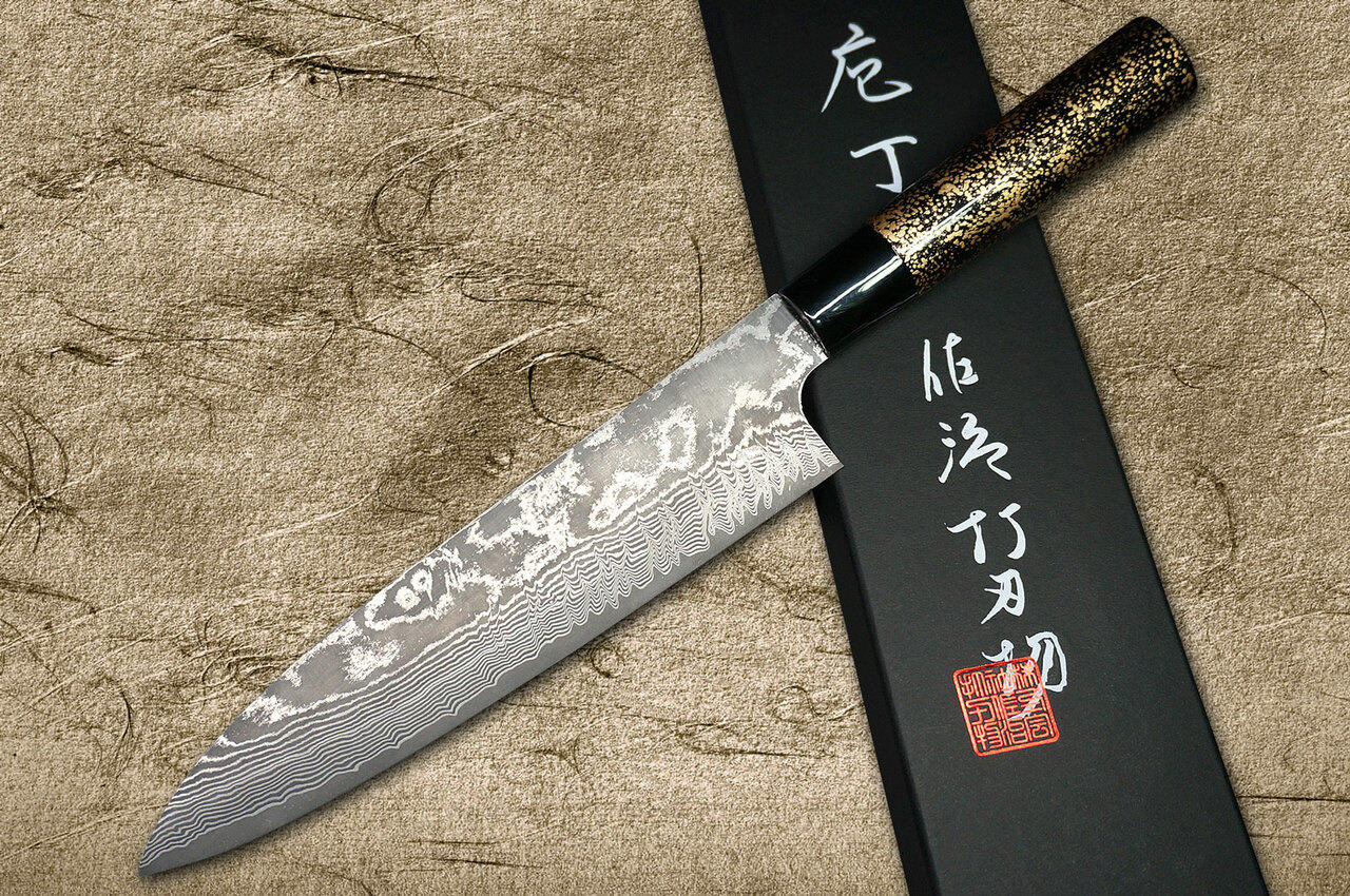 Takeshi Saji VG10 Black Damascus LC Japanese Chefs Gyuto Knife 210mm with Black-Gold Japanese Urushi Lacquered Handle
