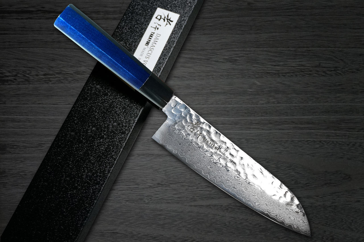 鋼製青いハンドルの刀 堺孝行33层VG10Damascus Nanairo 厨师用Kengata-Gyuto刀190mm