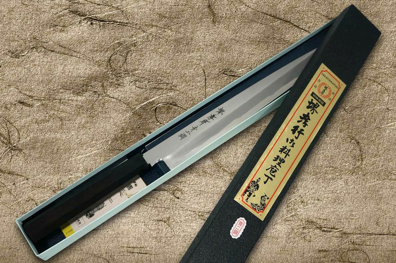 【 荒雹齋谷文中筆「雪中竹に雀」】　肉筆扁額　蔵出品　　N0805C 堺孝行Aoniko Blue 2 钢制乌木手柄日本厨师用柳叶刀（生鱼片
