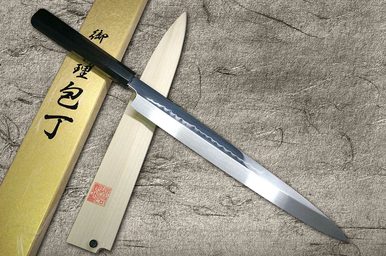 Yoshihiro White No.2 Honyaki Wave-Art AWHY Water-Quenched Japanese Chef's  Yanagiba(Sashimi) 300mm with Saya Sheath and Ebony Handle