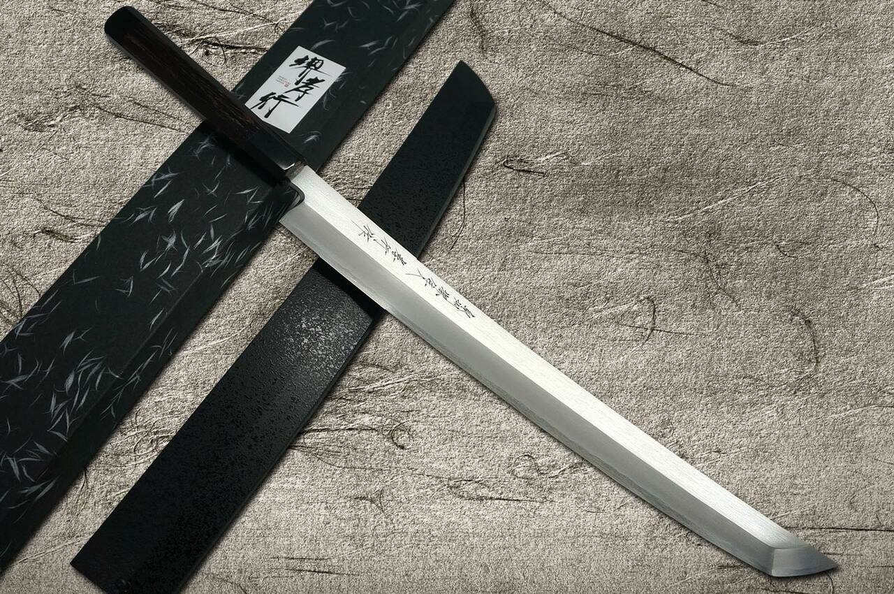 日本刀残欠クラフトナイフNo.47 丹後守藤原重常 茶黒拵 裏銘有り 堺孝行ZANGETSU Ginsan 日本厨师用咲丸章鱼引（生鱼片）390毫米