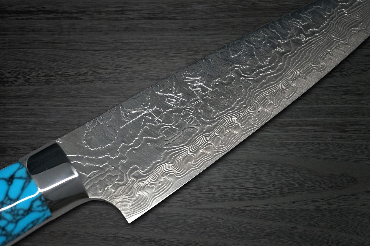 Takeshi Saji R2 Diamond Finish Damascus TCA Japanese Chef's Petty  Knife(Utility) 130mm with Blue Turquoise Handle