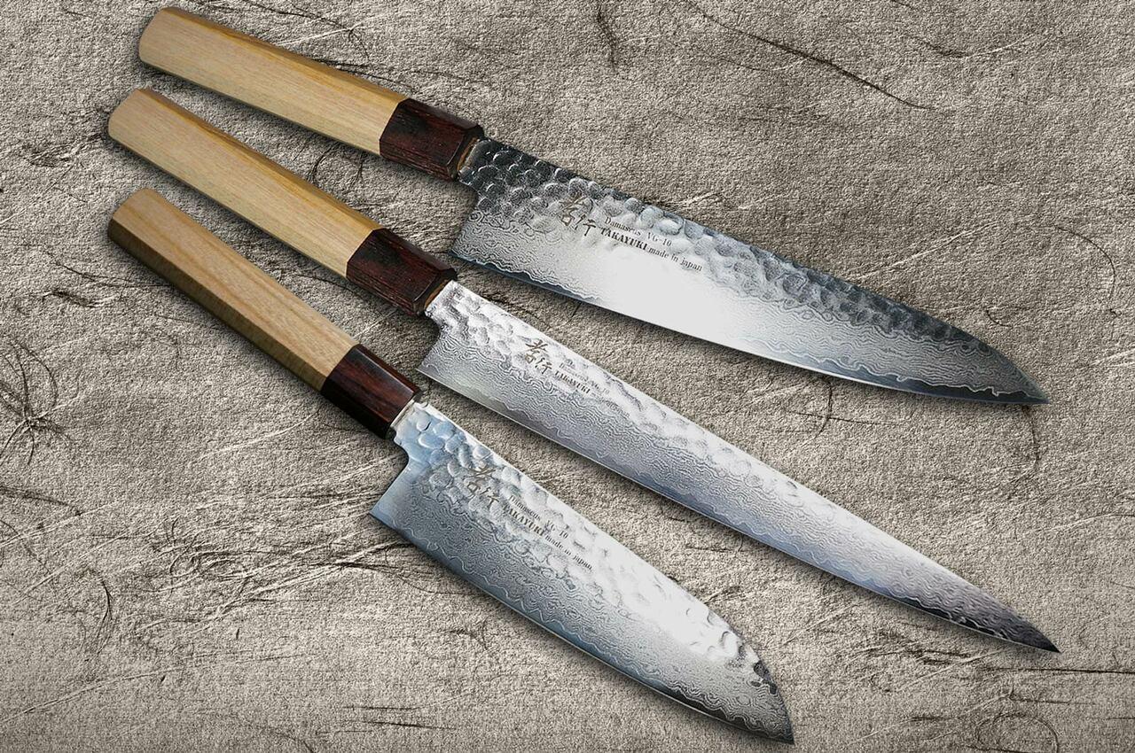 Sakai Takayuki 33-Layer VG10 Damascus Hammered WA Japanese Chef's Knife SET  (Gyuto210mm - Slicer240mm - Santoku170mm)