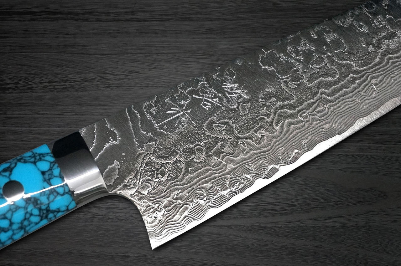 Takeshi Saji R2 Diamond Finish Damascus TCR Japanese Chef's Gyuto Knife  210mm with Red Turquoise Handle