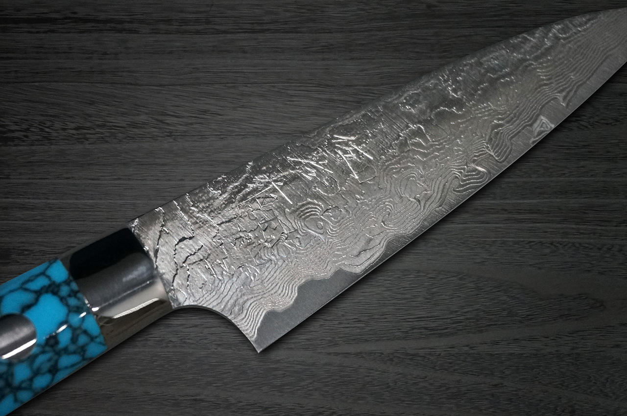Takeshi Saji R2 Diamond Finish Damascus TCA Japanese Chef's Bunka Knife  180mm with Blue Turquoise Handle