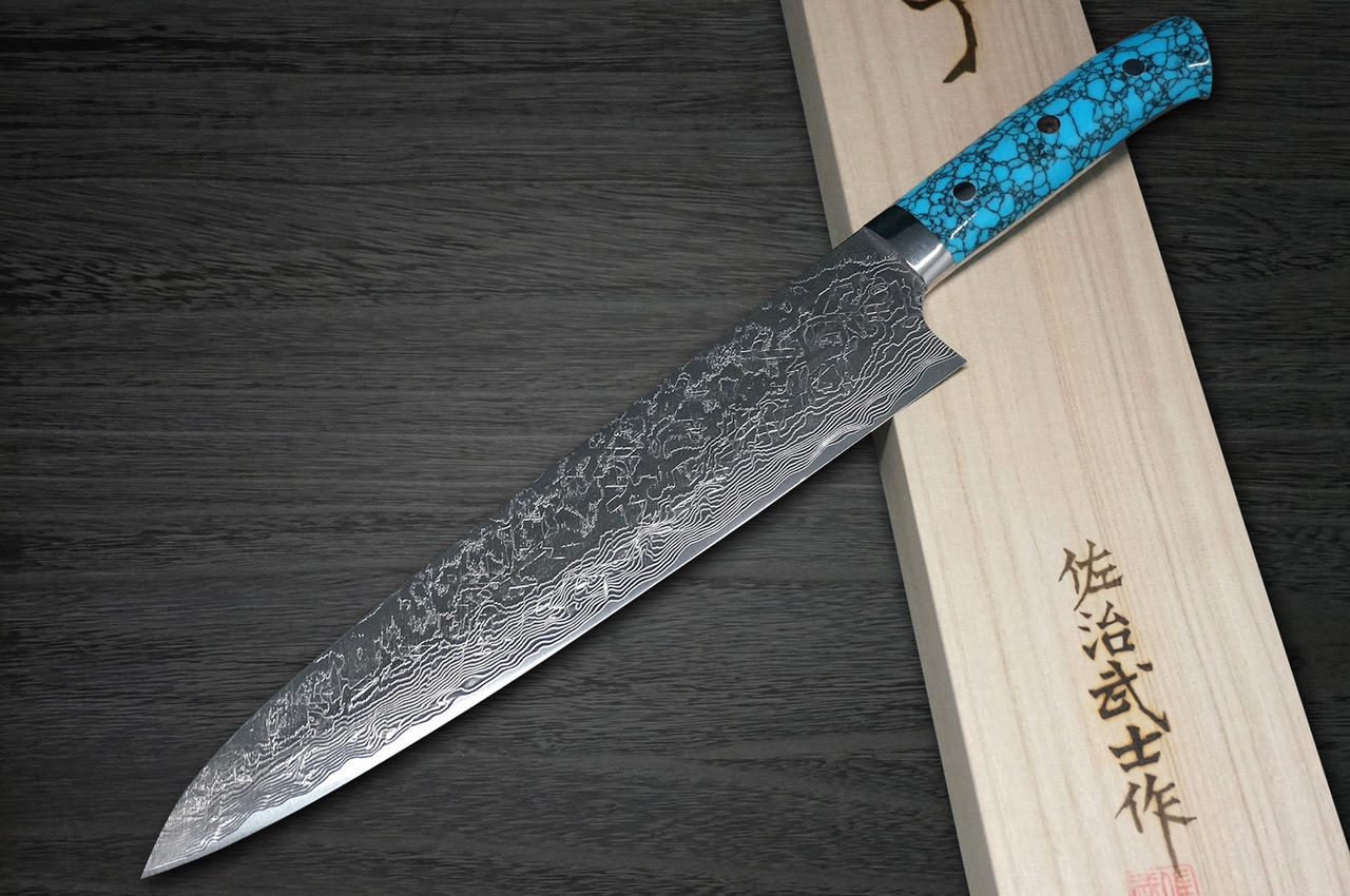 Takeshi Saji R2 Diamond Finish Damascus TCR Japanese Chef's Gyuto Knife  210mm with Red Turquoise Handle