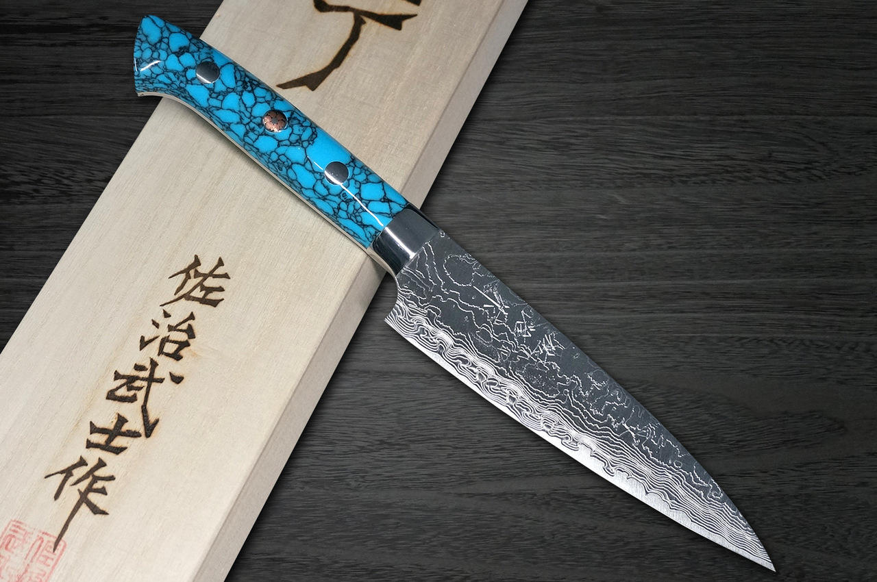 Takeshi Saji Folding R2(SG2) Black Damascus Steak Knife 100mm with White  Micarta Handle