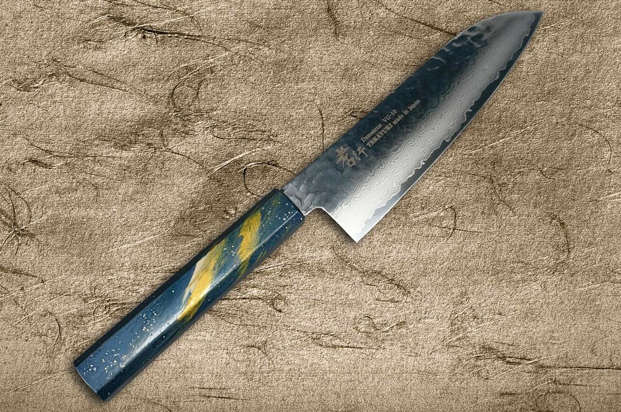 Yoshihiro VG-10 16 Layer Hammered Damascus Stainless Steel Santoku Chefs  Knife (7'' (180mm))