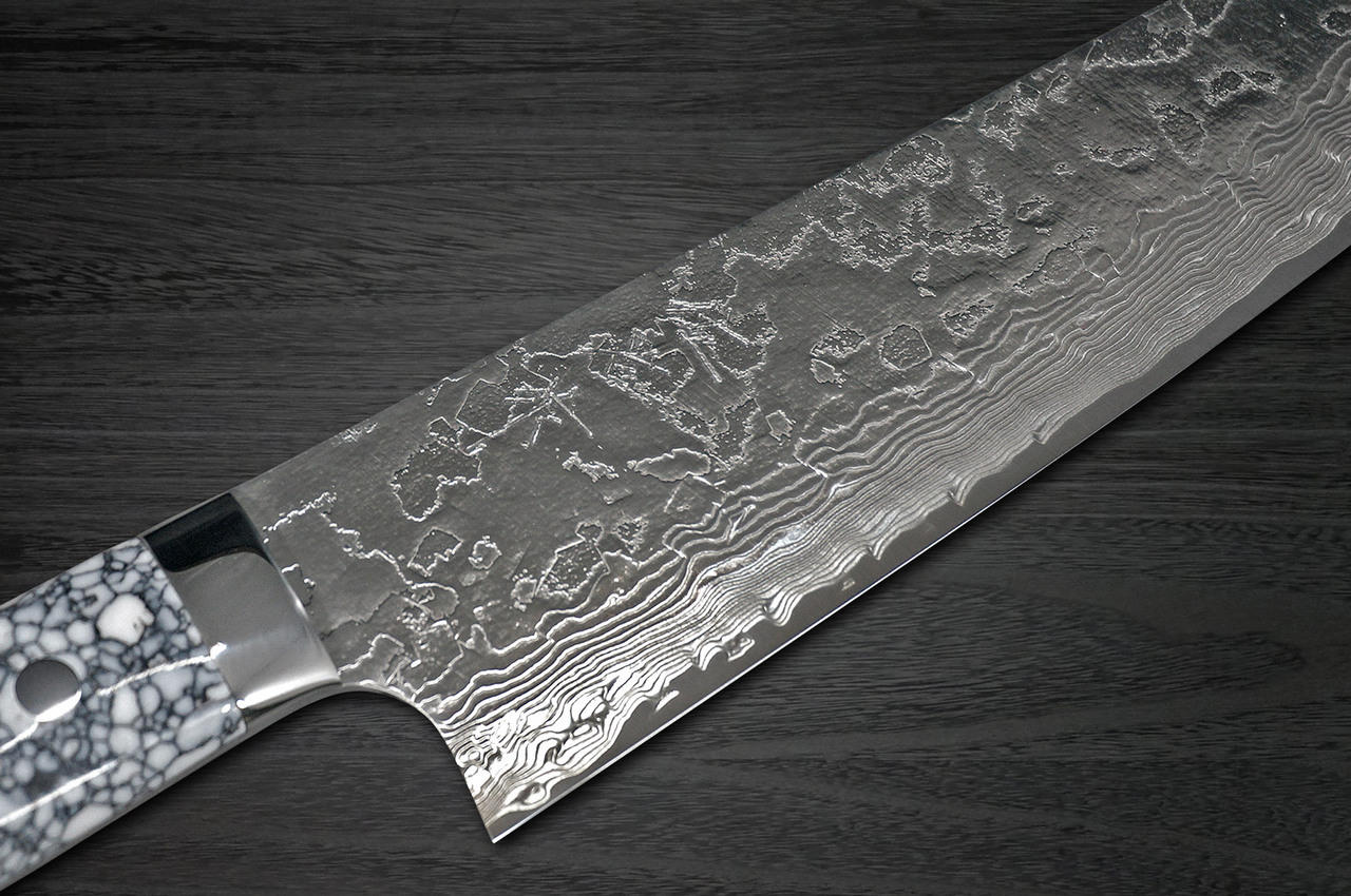 Takeshi Saji R2 Diamond Finish Damascus TCR Japanese Chef's Gyuto Knife  210mm with Red Turquoise Handle