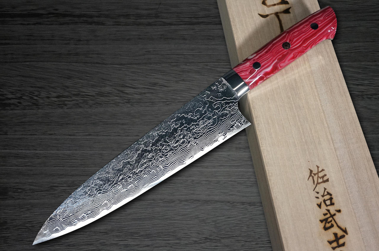 Takeshi Saji R2 Diamond Finish Damascus TCR Japanese Chef's Gyuto Knife  210mm with Red Turquoise Handle