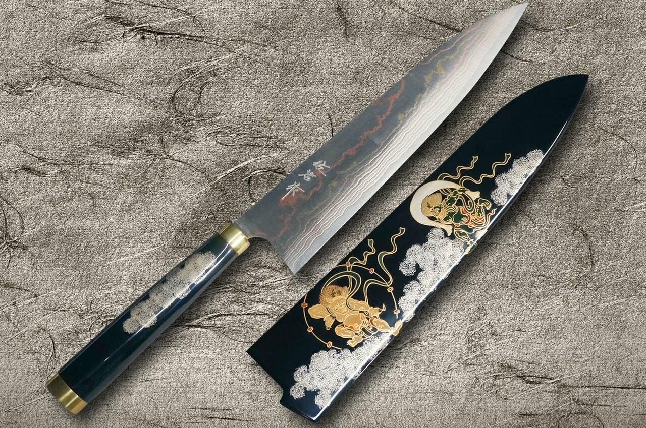 Takeshi Saji Makie-Art Aogami No.2 Colored Damascus Japanese Chef's Gyuto Knife 240mm Urushi Lacquered Saya Handle RAIJIN | Japanese knives