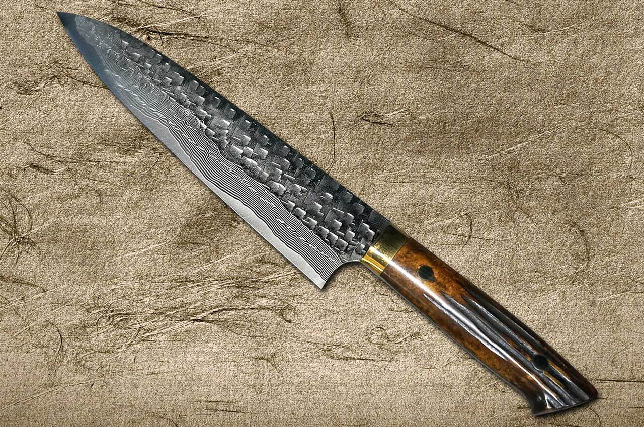 Takeshi Saji VG10 Mirror Hammered Damascus DHM Japanese Chefs Gyuto Knife 210mm with Brown Antler Handle