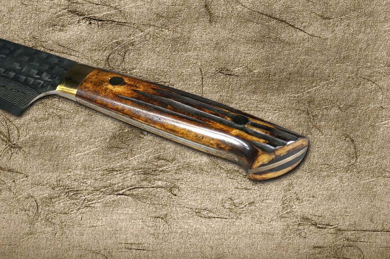 Takeshi Saji VG10 Mirror Hammered Damascus DHM Japanese Chefs Gyuto Knife 210mm with Brown Antler Handle
