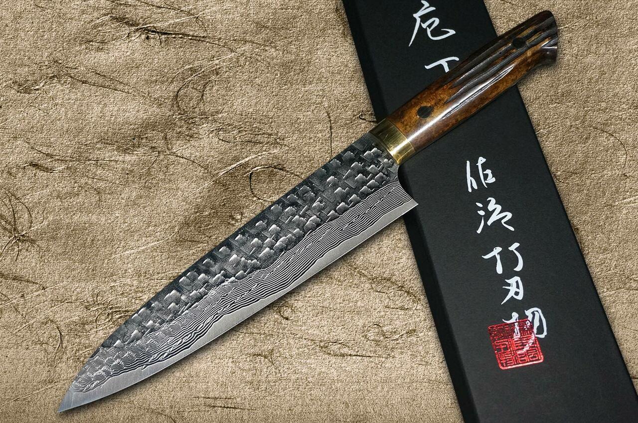 Takeshi Saji VG10 Mirror Hammered Damascus DHM Japanese Chefs Gyuto Knife 210mm with Brown Antler Handle