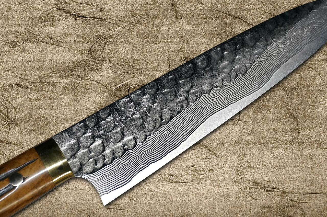 Takeshi Saji VG10 Mirror Hammered Damascus DHM Japanese Chefs Gyuto Knife 210mm with Brown Antler Handle