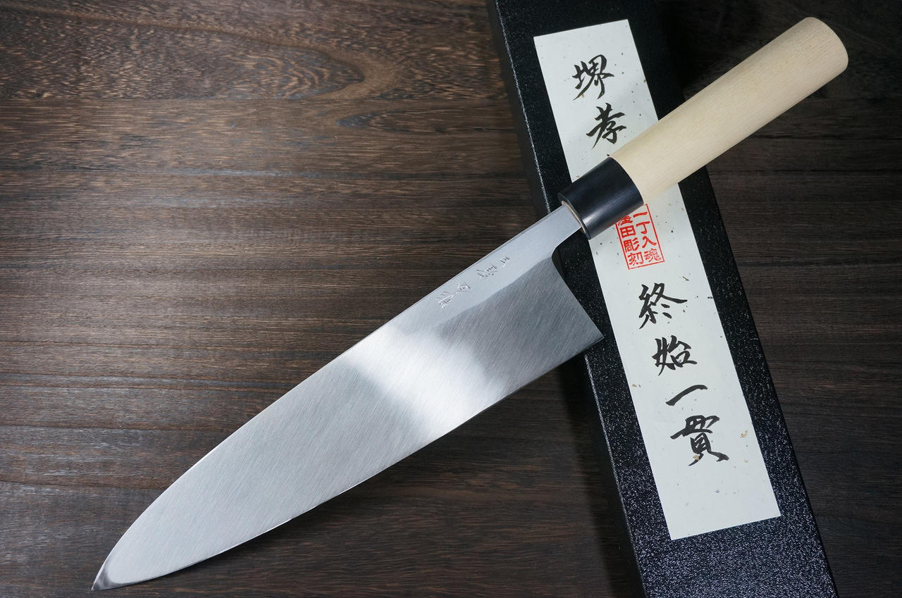 Sakai Takayuki Kasumitogi Buffalo Tsuba Engraving Art Japanese Chef's Deba  Knife 240mm Sojou-no-Koi(Carp on Board)
